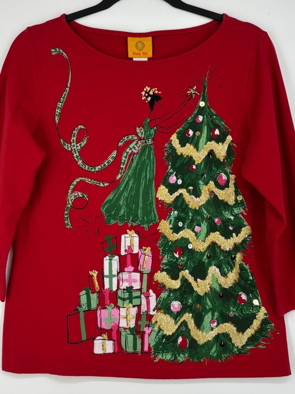 Ruby Rd. Womens Medium T-Shirt Knit Top Red Christmas Tree Angel Gifts 3/4 Slv